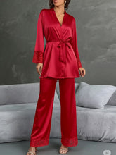 11002-Maroon Satin Nightwear Set with Lace Trim | Luxury Sleepwear For Women